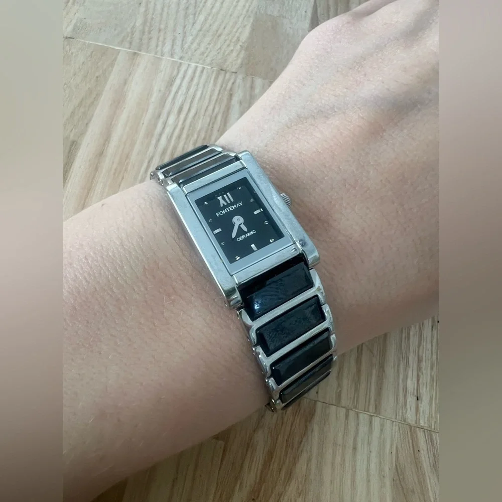 Fontenay Paris ladies rectangular silver tone black ceramic watch NEW BATTERY